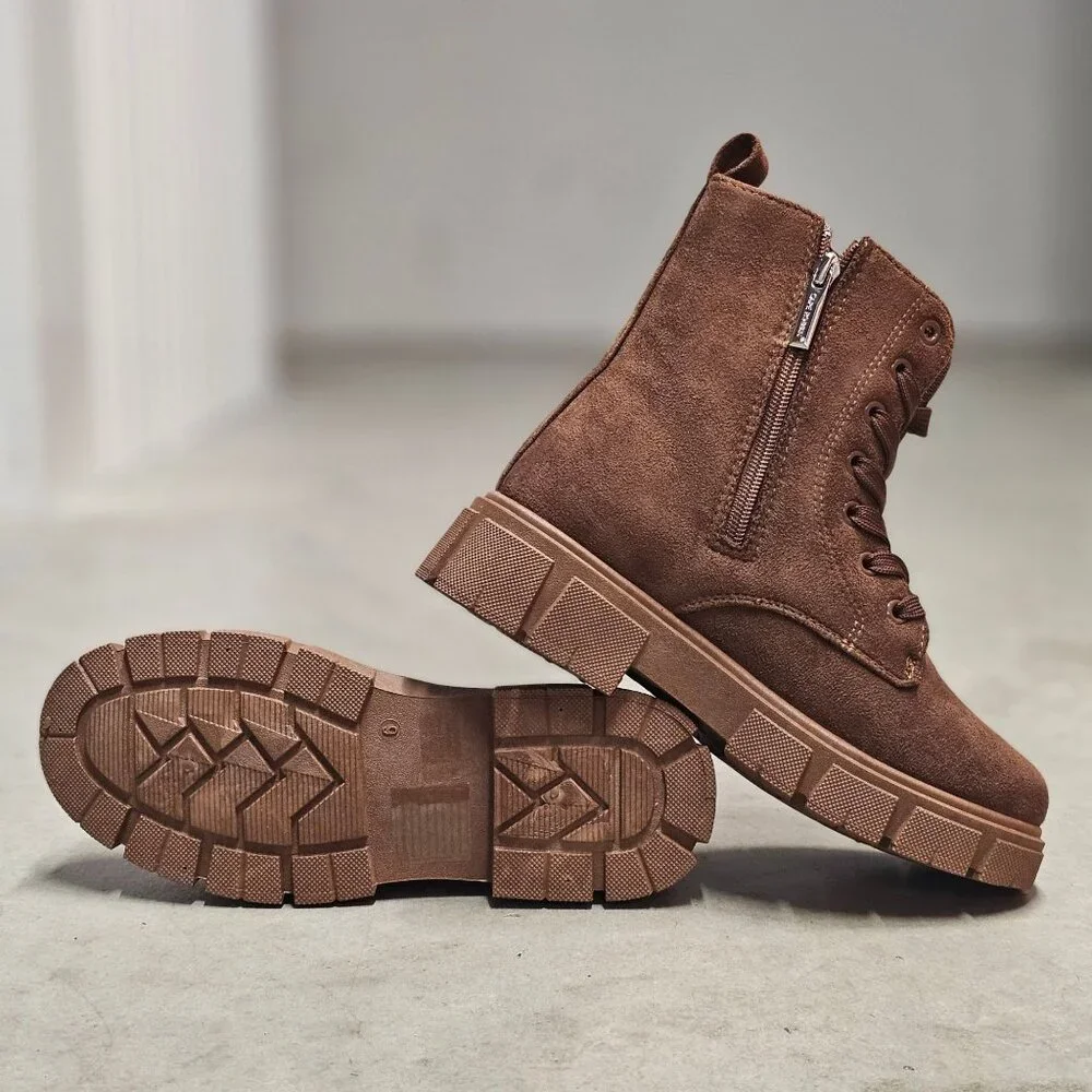 Chunky Sole Brown Faux Suede Combat Boots With Side Zipper & Lace-Up Closure For - Picture 4 of 13